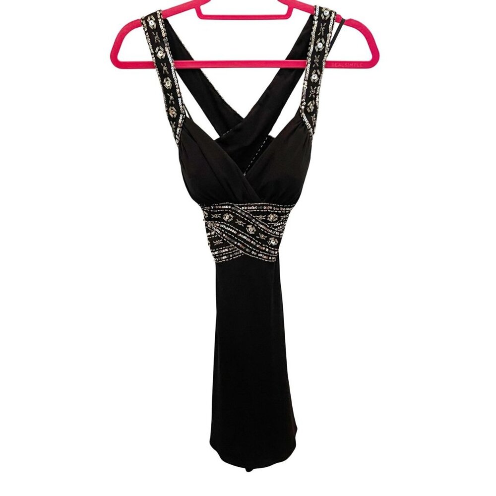 Hailey Logan Adrianna Papell Black & Silver Beaded Cross Back Mini Dress Size XS